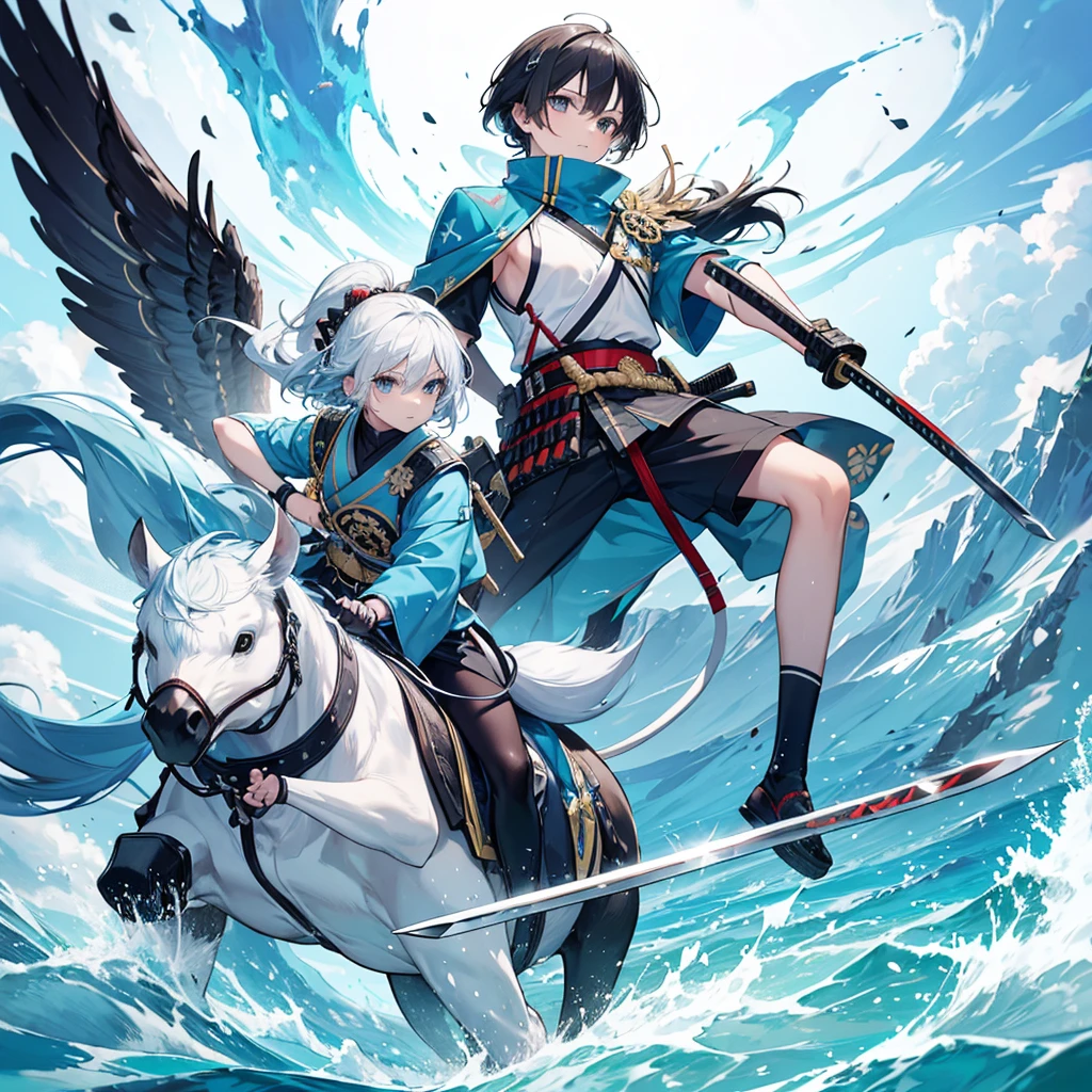 A pure white, roundish long-tailed tit wearing samurai armor riding a tank, wielding a sword, and a blue budgerigar with a white head wearing a military uniform.