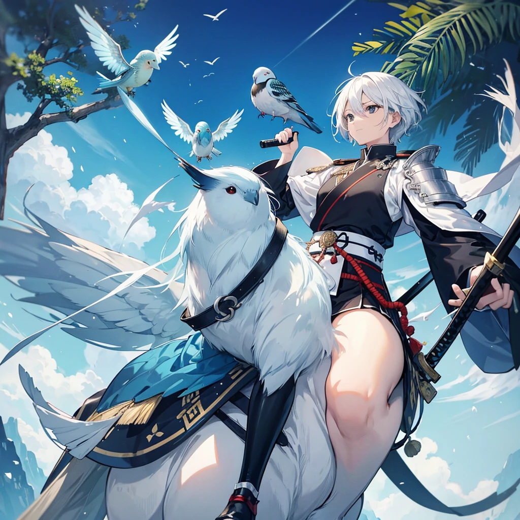 A pure white, roundish long-tailed tit wearing samurai armor riding a tank, wielding a sword, and a blue budgerigar with a white head wearing a military uniform.