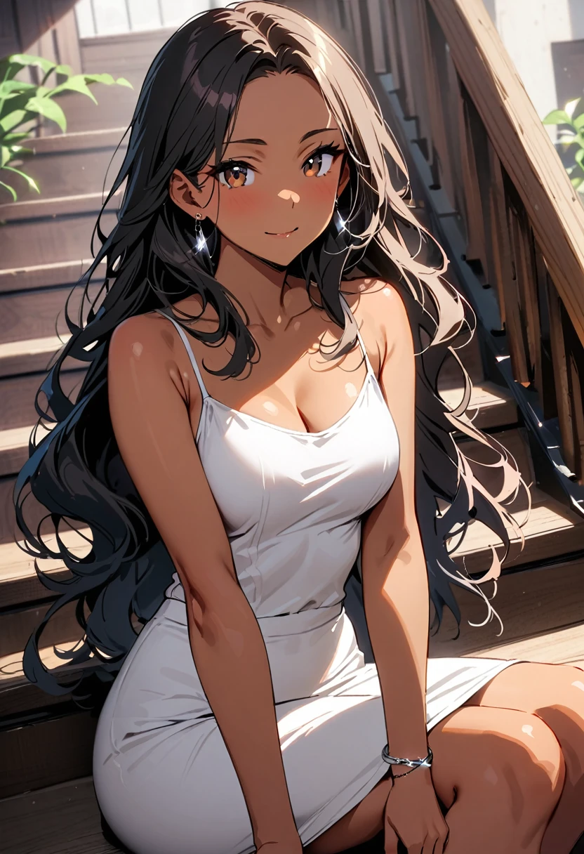 (masterpiece, best quality:1.3), (a woman, 19-years-old, solo, mature face, average height, tan skin, slender figure, long black wavy hair that's parted in the middle, no bangs:1.2), (brown eyes, warm smile, light pale pink strapless tank top, silver bracelet, small silver earrings, white skirt, sitting, staircase, sitting on stairs:1.1)