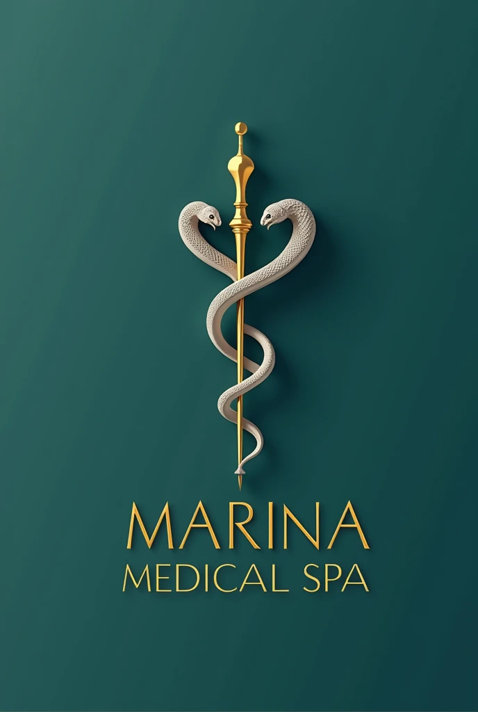 Make me a logo with a minimalist and elegant approach. In the middle, the Cabo San Lucas arch symbol, represented by two stylized snakes that gracefully coil around a slender, polished staff. The staff is golden, radiating a sense of luxury and distinction. The background is a soft shade of navy blue or emerald green, evoking tranquility and health. The serpent lines are thin and silver, complementing the staff and adding a modern and sophisticated touch. Below the symbol, the name of the spa is called MARINA MEDICAL SPA is written in an elegant serif font, also in gold, to harmonize with the staff. The typography has a classic but modern style, projecting confidence and professionalism. On the whole, the logo communicates a feeling of well-being, high quality and exclusive medical care, ideal for a medical spa.