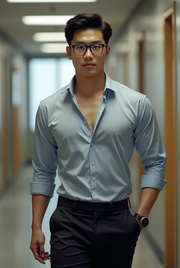 Korean gentleman,super big breasts ,teacher,shiny tight clothes, tanned skin,clean shave,walk the hallway,Handsome and elegant,wear glasses, sexy , Masculine and handsome,musculous,Muscles look good,,, Full body photo,(ultra-detailed, photorealistic, best quality, 4k, 8k, highres, masterpiece:1.3),charming and distinguished , (muscular build body), wearing tailored shiny dress light colored shirt, sweat, unbutton buttons shirt, lewd face ,tight chest, sex,See-through shirt, erotic, horny, , Accessories include a luxury wristwatch, in school,looking at viewer,muscle veins,no underwear ,Tight shirt makes muscle,unbutton,six pack,