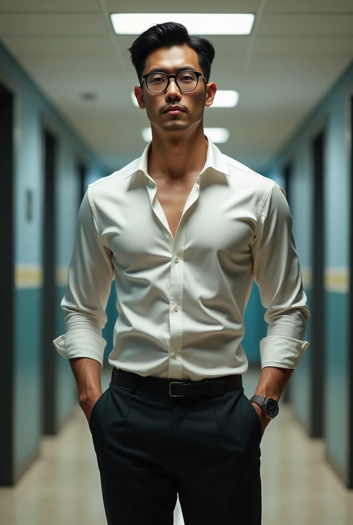 Korean gentleman,super big breasts ,teacher,shiny tight clothes, tanned skin,clean shave,walk the hallway,Handsome and elegant,wear glasses, sexy , Masculine and handsome,musculous,Muscles look good,,, Full body photo,(ultra-detailed, photorealistic, best quality, 4k, 8k, highres, masterpiece:1.3),charming and distinguished , (muscular build body), wearing tailored shiny dress light colored shirt, sweat, unbutton buttons shirt, lewd face ,tight chest, sex,See-through shirt, erotic, horny, , Accessories include a luxury wristwatch, in school,looking at viewer,muscle veins,no underwear ,Tight shirt makes muscle,unbutton,six pack,