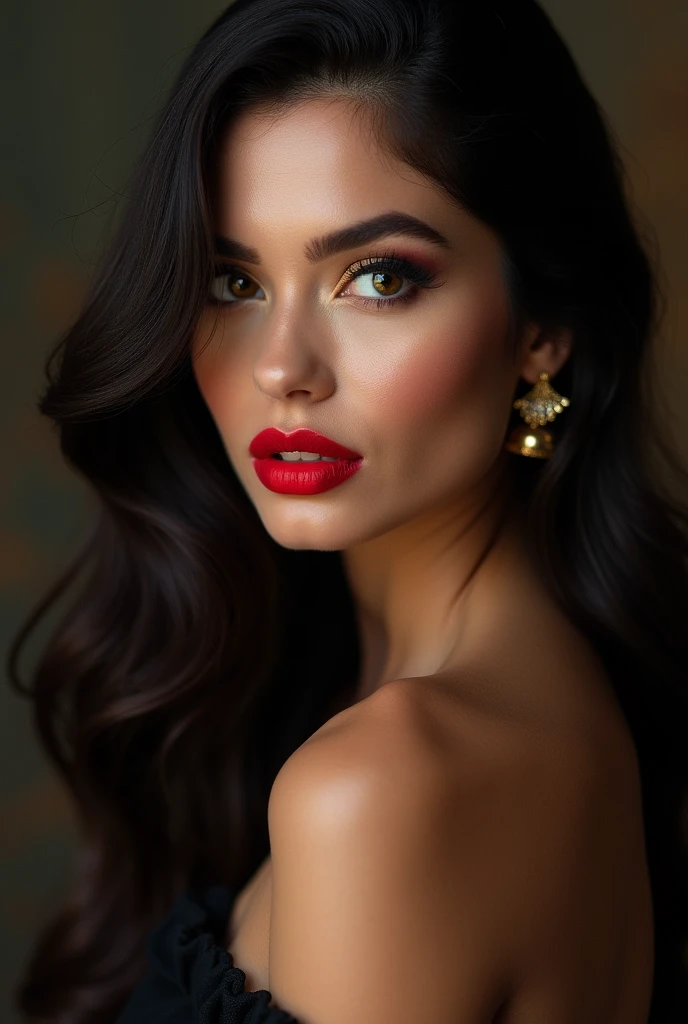 arafed woman with long dark hair and red lipstick posing for a picture, sultry look, thick red lips, sexy face with full makeup, red lips, with professional makeup, small and thick red lips, thick lips, inspired by Ion Andreescu, red lipstick on face, violet myers, inspired by Lucia Peka, wide golden eyes and red lips