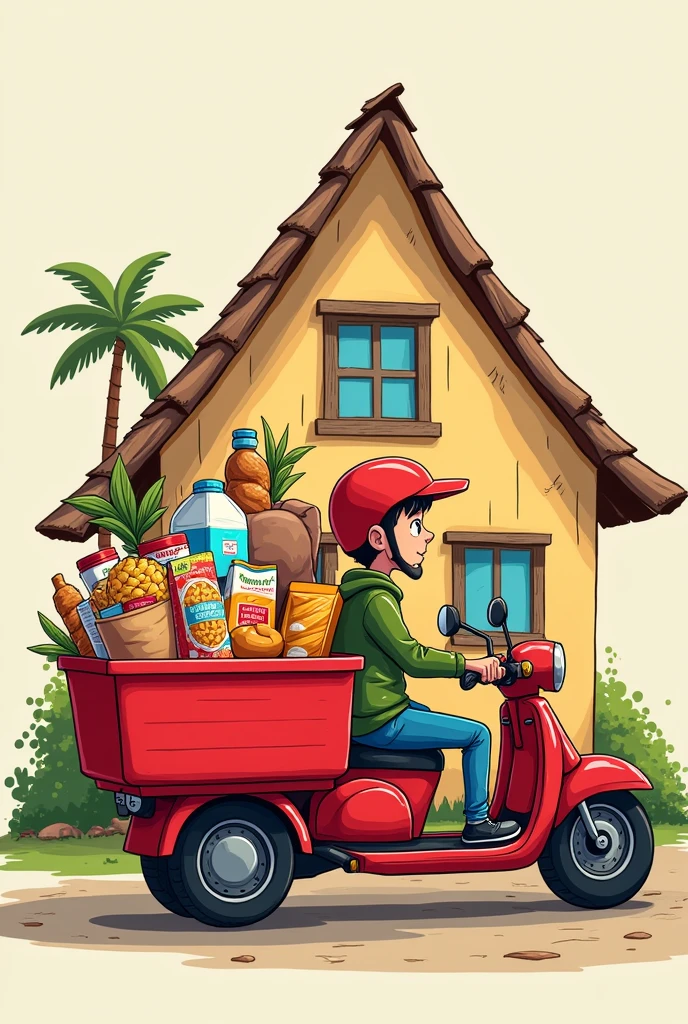 Large red cargo motorcycle with driver, with a large red basin with drinks, cereals, bottled milk, bean bag, packaged bread, excluding vegetables, behind the triangular roof of a hand-drawn cartoon style house