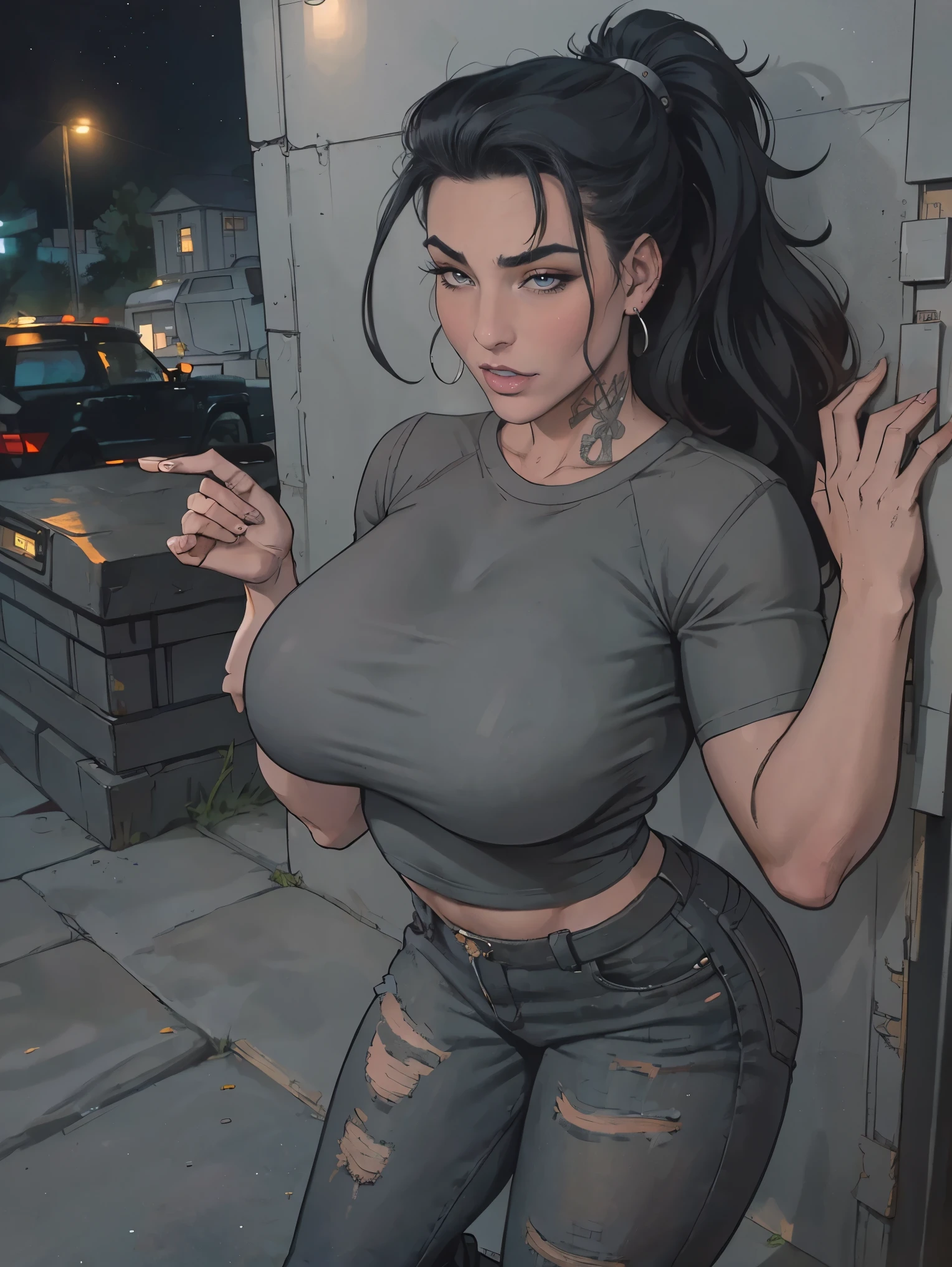Extremely busty thin and toned brunette death metal girl, strung out, sleepy, stoned, fair skin, big hair, huge ponytail, hair pulled back, soft face, athletic, heavy makeup, piercings, grey t-shirt, grey tee shirt, studs, black pants, boots, fingerless gloves. black butterfly tattoos. standing in a dark alley at night. Outdoors, exterior, Nighttime. neon lights. (detailed background.)