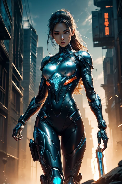 A cybernetically enhanced female warrior from a futuristic anime universe, every inch of her exudes a sense of realism and authenticity. Her metallic limbs gleam with a polished sheen, intricate circuitry visible beneath the surface. The image, perhaps a hyper-realistic digital painting, captures her intense gaze and the sleek lines of her armor with stunning detail. The colors are vibrant and dynamic, bringing the scene to life with a sense of motion and energy. Overall, this striking image perfectly captures the essence of a technologically advanced heroine in a visually captivating way.