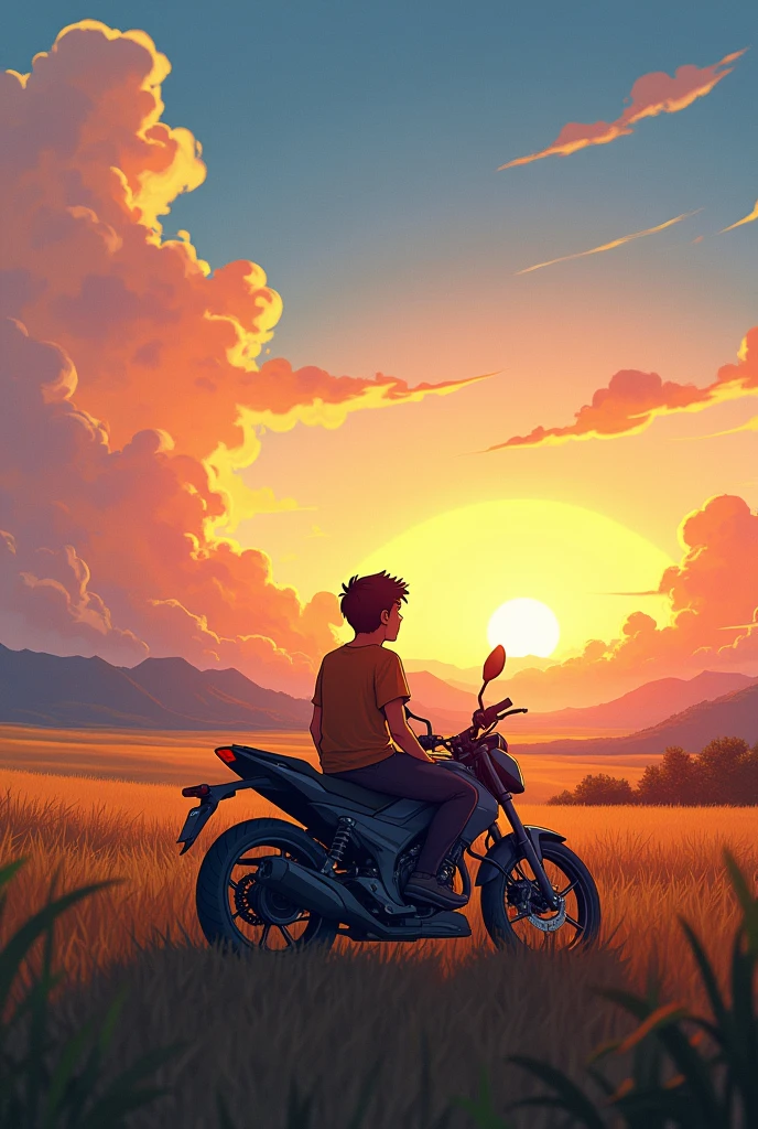 Create a high quality phone wallpaper in which a travelling boy is sitting on grasses behind his motorbike,his bike is parked behind him and looking at the gorgeous sunset across the mountains
Wallpaper should be long enough to fit in android phone screen remove the mountains and add grassland and clouds
Make the bike more cool and make the boy looks depressed