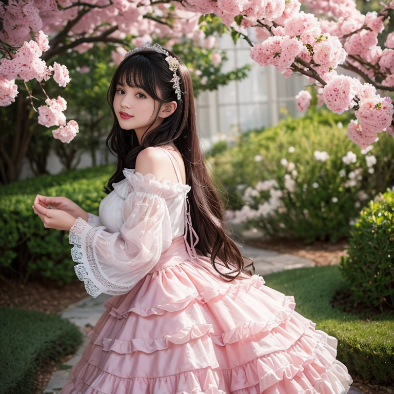 Side view,side angle, Bow tie at the back of the waist, There is a bow on the back,Sideways photo, Skirt length to calf, cupcake dress, Layered skirt with lace on each layer, Put on a lolita dress, layered dress, Pink Lolita dress, lots of lace, Long sleeve, Wide sleeves, Big Skirt, Layered lace skirt, Lace skirt,Puff sleeves, Wide sleeves, Transparent sleeves, intricate details showcase the ruffles and intricate designs of the Lolita dress, Wearing a lolita dress, in a sea of flowers, best quality, Delicate face,beautiful visual work, lifelike, eternity, black hair, Long curly hair, blunt bangs, Smile, Detailed Background, Delicate face,blush,cold,((masterpiece))、(top quality)、8k、high detail、Super detailed,41 years old,woman, masterpiece、born、Scenes resembling fairy tale illustrations、intricate details和複雜的設計、Beautifully、magic、capricious、 Beautifully、Dream aesthetics、「𝓡𝓸𝓶𝓪𝓷𝓽𝓲𝓬、ethereal、charming、fickle、magic」、realism、Visual effects、FXAA、SSAO、Shader、voiceless、ambient lighting、Tone mapping、High resolution、Ultra high quality、Million pixels、(8K resolution:1.10)、8k、8k以下、8K resolution、high detail、intricate details, (high quality:1.2、masterpiece:1.2、:1.21)、(41 years old,woman:1.21)、(興奮地Smile)、(Surrounded by a dreamy atmosphere、Model diagram,full-body shot,Normal 2 feet,Put your hands behind your back,Breast protrusion visible when wearing clothes, Large Breasts, H cup chest, pink dress, Don't show your fingers, full-body shot, full-body shot,full-body shot,full-body shot,full-body shot,full-body shot,full-body shot,full-body shot,Hands hidden in clothes, Hands hidden in clothes,Hands hidden in clothes,Hands hidden in clothes,Hands hidden in clothes,Hands hidden in clothes,Hands hidden in clothes,Hands hidden in clothes,Hands hidden in clothes, ,Hide your hands in your sleeves ,Hide your hands in your sleeves ,Hide your hands in your sleeves ,Hide your hands in your sleeves ,Hide your hands in your sleeves ,Hide your hands in your sleeves ,Hide your hands in your sleeves ,Hide your hands in your sleeves, Put your arms behind your back, Put your arms behind your back, side view