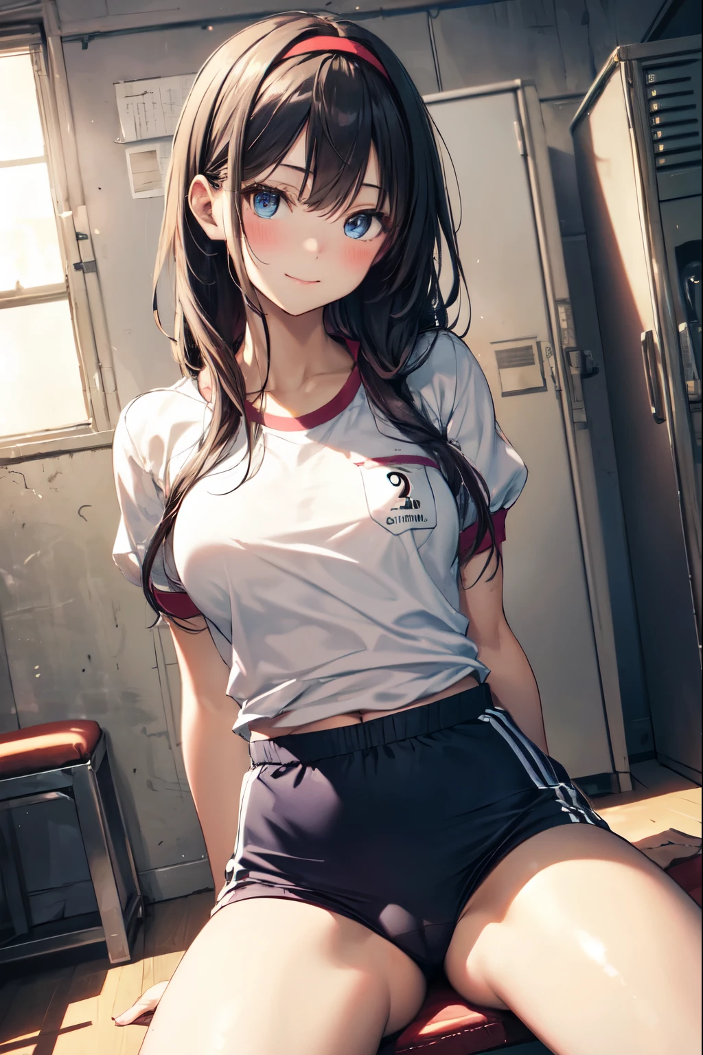 very cute and beautiful girl,(highly detailed beautiful face and eyes),(seductive smile),blush,looking at viewer, (japanese ladies gym uniform),(blue bloomers),sitting,spread legs,arms behind back, locker room in training gym,black hair,hair band, (best quality,masterpiece),absurdres,highres,ultra-detailed,extremely detailed,32k,8k resolution, intricate details,cinematic scene,detailed background,solo,dynamic angle,(realistic),perfect hands,