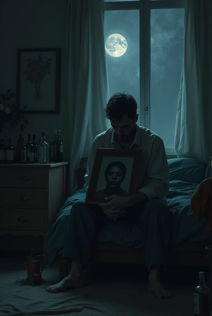 Man sitting on the edge of the bed, a portrait in hand, sad, melancholy, sobbing, remembering, To the woman who left forever, Drowning his sorrow with, (several bottles of alcohol), (drugs scattered everywhere visible), a room somewhat dark, (dark), sober, wishing to die to be with her, some rays of moonlight enter subtly, illuminating some spaces of the room, on the dresser some wilted flowers that he never delivered.
