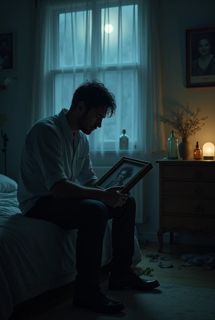 Man sitting on the edge of the bed, a portrait in hand, sad, melancholy, sobbing, remembering, To the woman who left forever, Drowning his sorrow with, (several bottles of alcohol), (drugs scattered everywhere visible), a room somewhat dark, (dark), sober, wishing to die to be with her, some rays of moonlight enter subtly, illuminating some spaces of the room, on the dresser some wilted flowers that he never delivered.