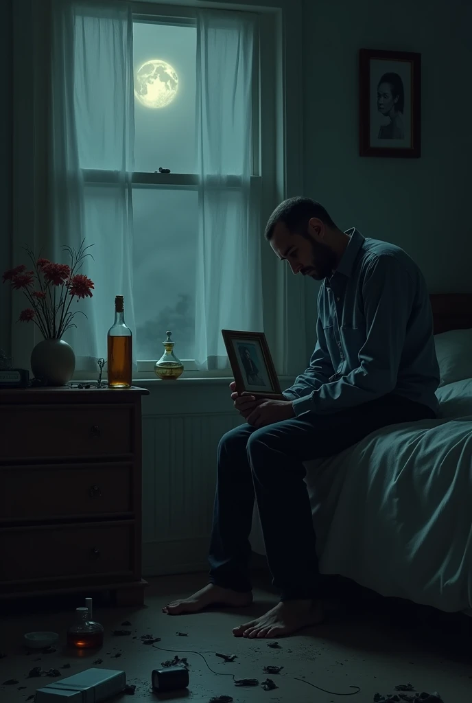 Man sitting on the edge of the bed, a portrait in hand, sad, melancholy, sobbing, remembering, To the woman who left forever, Drowning his sorrow with, (several bottles of alcohol), (drugs scattered everywhere visible), a room somewhat dark, (dark), sober, wishing to die to be with her, some rays of moonlight enter subtly, illuminating some spaces of the room, on the dresser some wilted flowers that he never delivered.