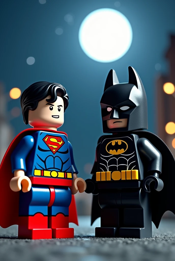 Superman and Batman in lego art, night