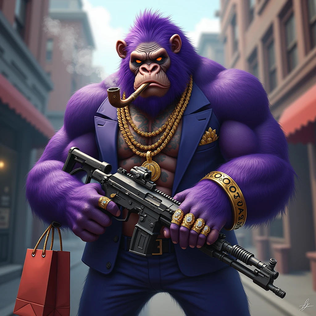 1 purple ape, With giant and high-caliber weapons, with gangster SUIT with chains, tattooed, with huge diamond and gold rings, smoking with a pipe, with a shopping bag. A text that says "Thank you for your purchase"