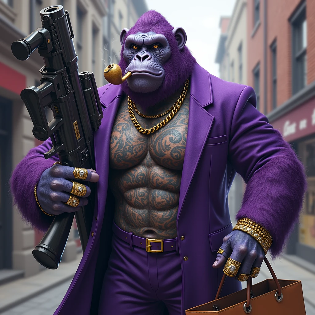 1 purple ape, With giant and high-caliber weapons, with gangster SUIT with chains, tattooed, with huge diamond and gold rings, smoking with a pipe, with a shopping bag. A text that says "Thank you for your purchase"