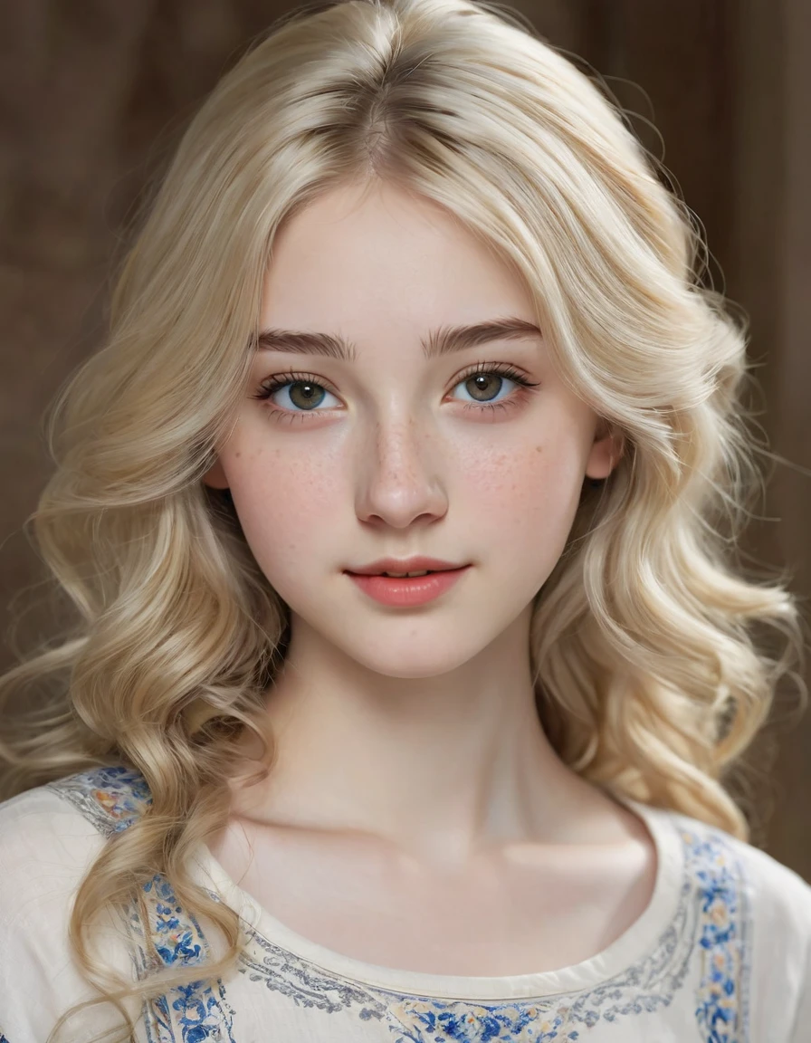 A very beautiful realistic girl, central Asian girl, 15-years-old, porcelain skin, very fair skin, very pale skin, blonde hair, wavy, freckles skin, hazel eyes, slant eyes, small nose, thick curved eyebrow, seductive gaze, happy face, unique face, detail photo, realistic photo, master piece picture, sharp picture. Wearing top
