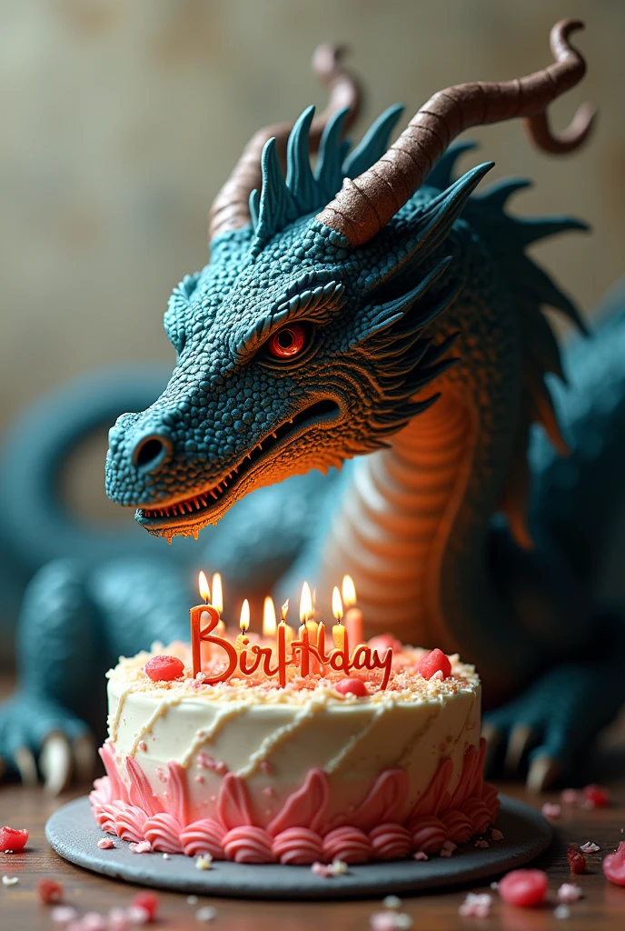 a close up of a birthday card with a dragon on it Hyperrealism reaches new heights in this intricate composition, bathed in soft lighting, DSLR Wide Angle Lens, Nikon D850, 8K brilliance by Wassily Kandinsky , Include A cake in shape of a RTX 4060 GPU , and card should inculde name of MSI Gaming