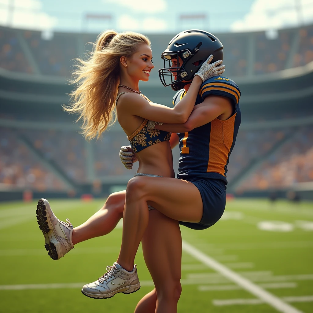 Blonde, Beautiful, and strong cheerleader lifting a football player in her strong arms. Photorealistic 