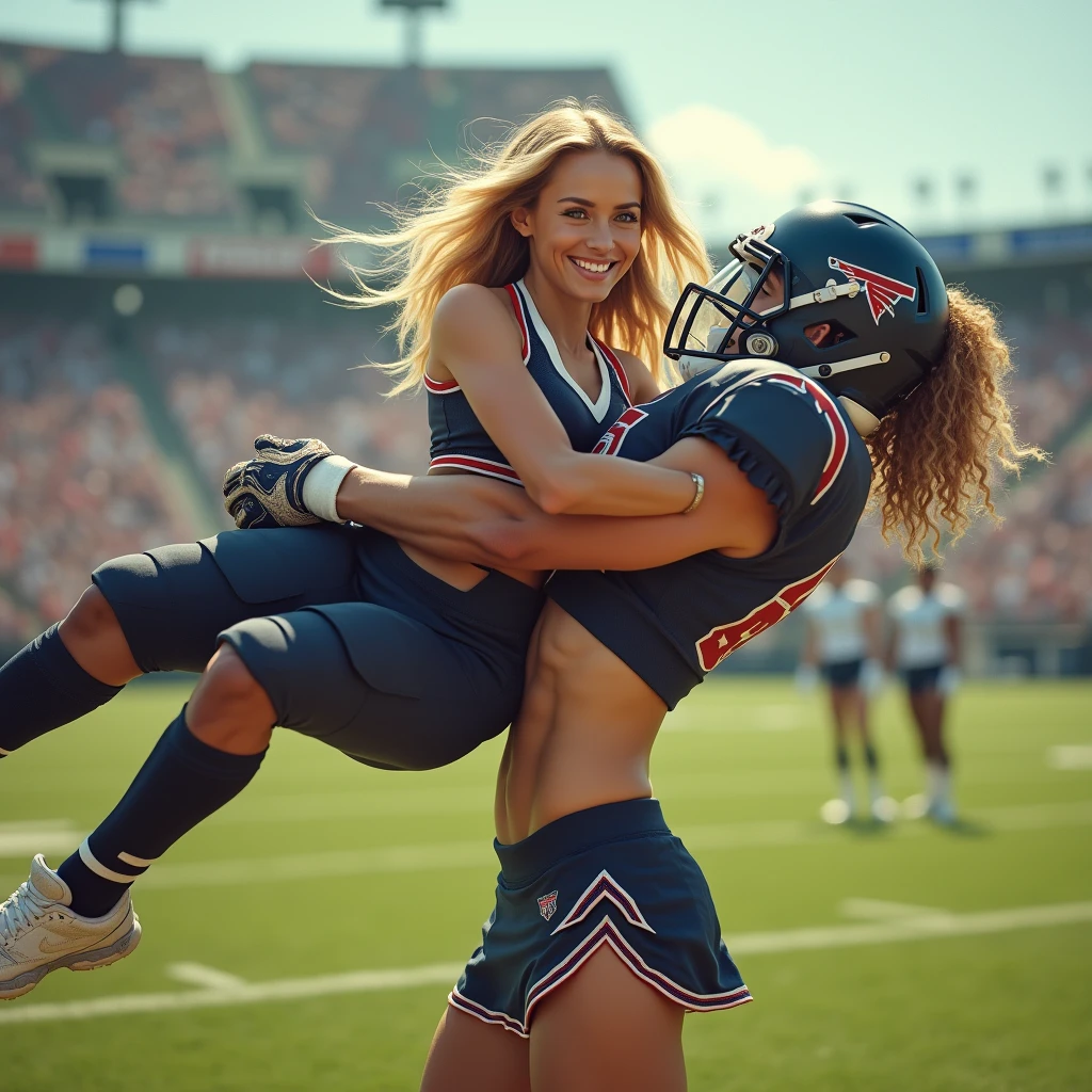 Blonde, Beautiful, and strong cheerleader lifting a football player in her strong arms. Photorealistic