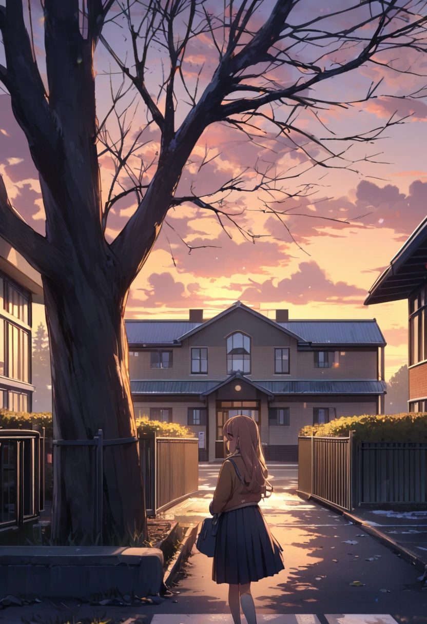 One Woman、beautiful girl、Very beautiful scenery、after school、evening、high school girl、School、Back of the school building、Schoolyard、winter、Under the big tree、that'that'it's snowing、Snowfall、Blazer Uniform、Pleated skirt、Duffle coat、Black knee-high socks、Long Hair、Wear a scarf、Highest qualthaty, Thick thighs、big 、Black Hair