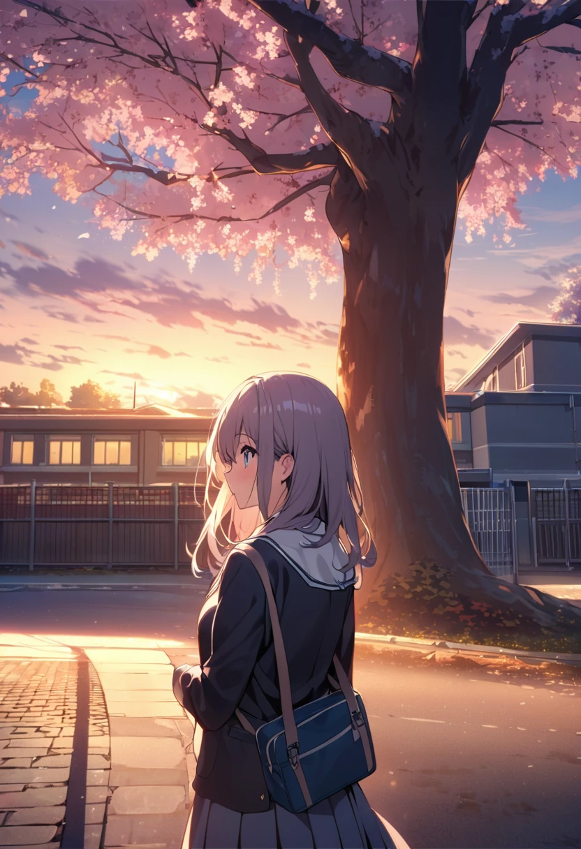 One Woman、beautiful girl、Very beautiful scenery、after school、evening、high school girl、School、Back of the school building、Schoolyard、winter、Under the big tree、that&#39;that&#39;it&#39;s snowing、Snowfall、Blazer Uniform、Pleated skirt、Duffle coat、Black knee-high socks、Long Hair、Wear a scarf、Highest qualthaty,  Thick thighs、big 、Black Hair