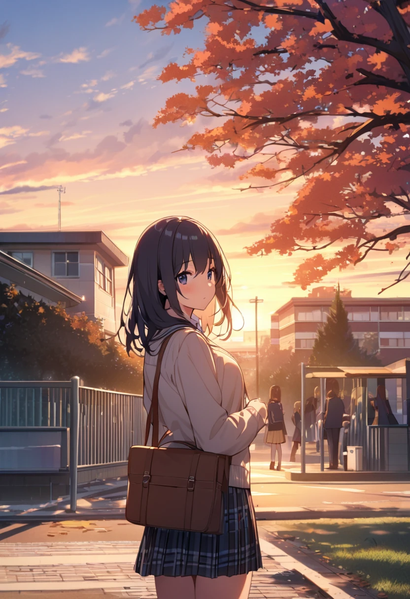 One Woman、beautiful girl、Very beautiful scenery、after school、evening、high school girl、School、Back of the school building、Schoolyard、winter、Under the big tree、that&#39;that&#39;it&#39;s snowing、Snowfall、Blazer Uniform、Pleated skirt、Duffle coat、Black knee-high socks、Long Hair、Wear a scarf、Highest qualthaty,  Thick thighs、big 、Black Hair