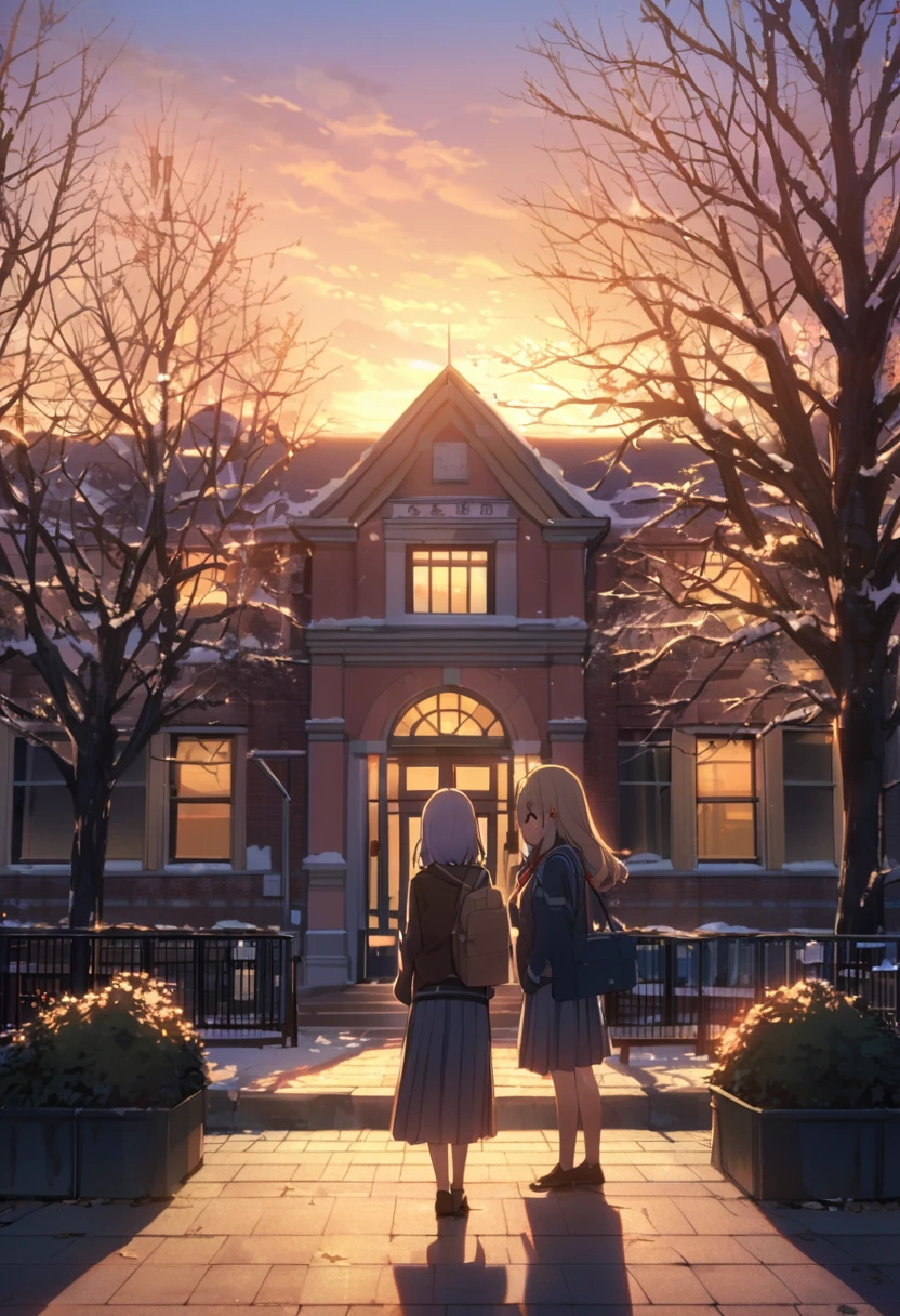 One Woman、beautiful girl、Very beautiful scenery、after school、evening、high school girl、School、Back of the school building、Schoolyard、winter、Under the big tree、that'that'it's snowing、Snowfall、Blazer Uniform、Pleated skirt、Duffle coat、Black knee-high socks、Long Hair、Wear a scarf、Highest qualthaty, Thick thighs、big 、Black Hair