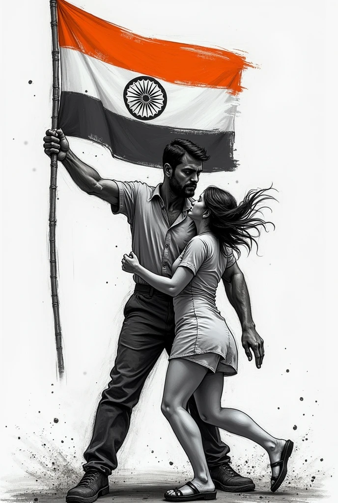 Man hosting indian flag and crushing women safety in sketch black and whiteand girl in doctors clothes