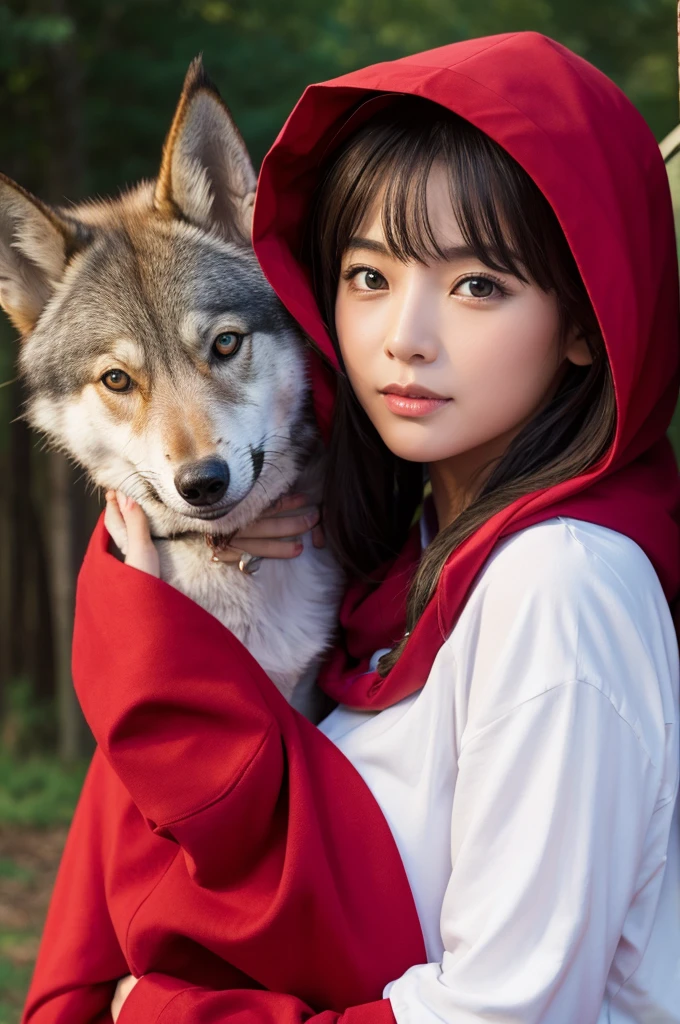 Red Riding Annie from League of Legends by Riot Games: Annie in her Red Riding skin, massive k-cups,dressed as Little Red Riding Hood with a red cloak and hood, conjuring fiery wolves, with Tibbers looking like a giant, ferocious wolf.