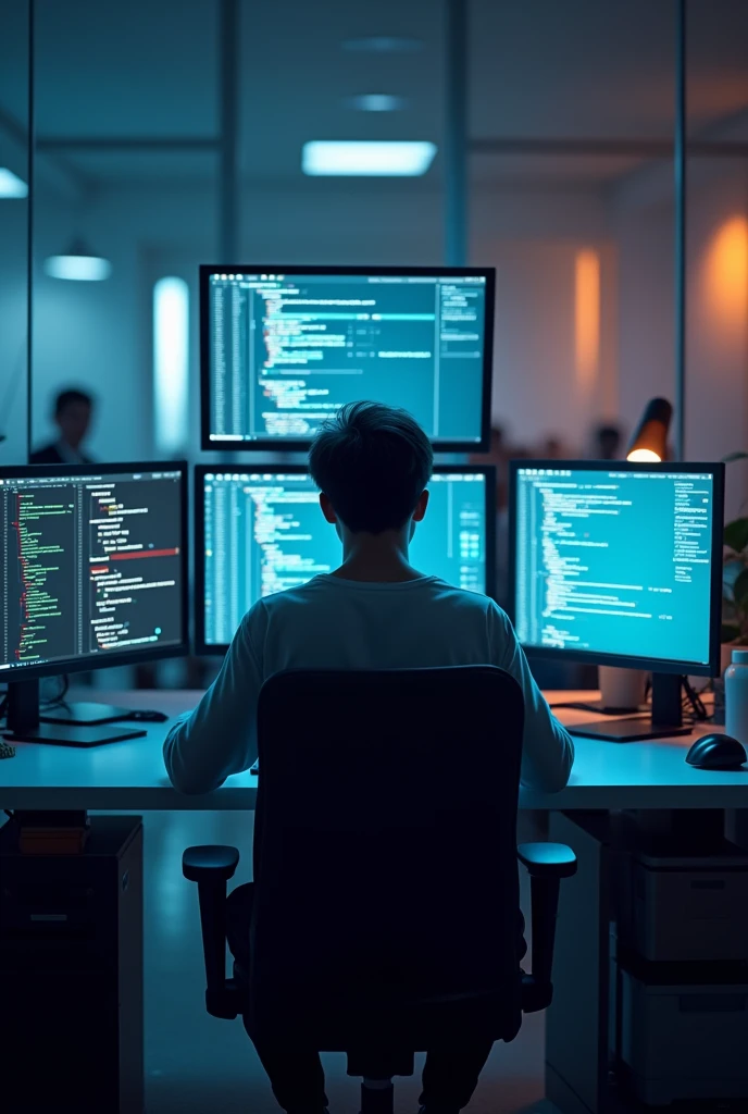 A 19 years old boy doing programming in multiple screen with back face
