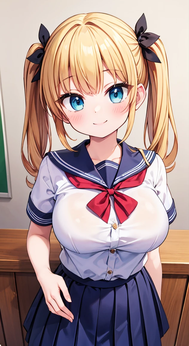 Highest quality,masterpiece,One person,Blonde,Twin tails,girl uniform,Short sleeve,Large Breasts,smile,