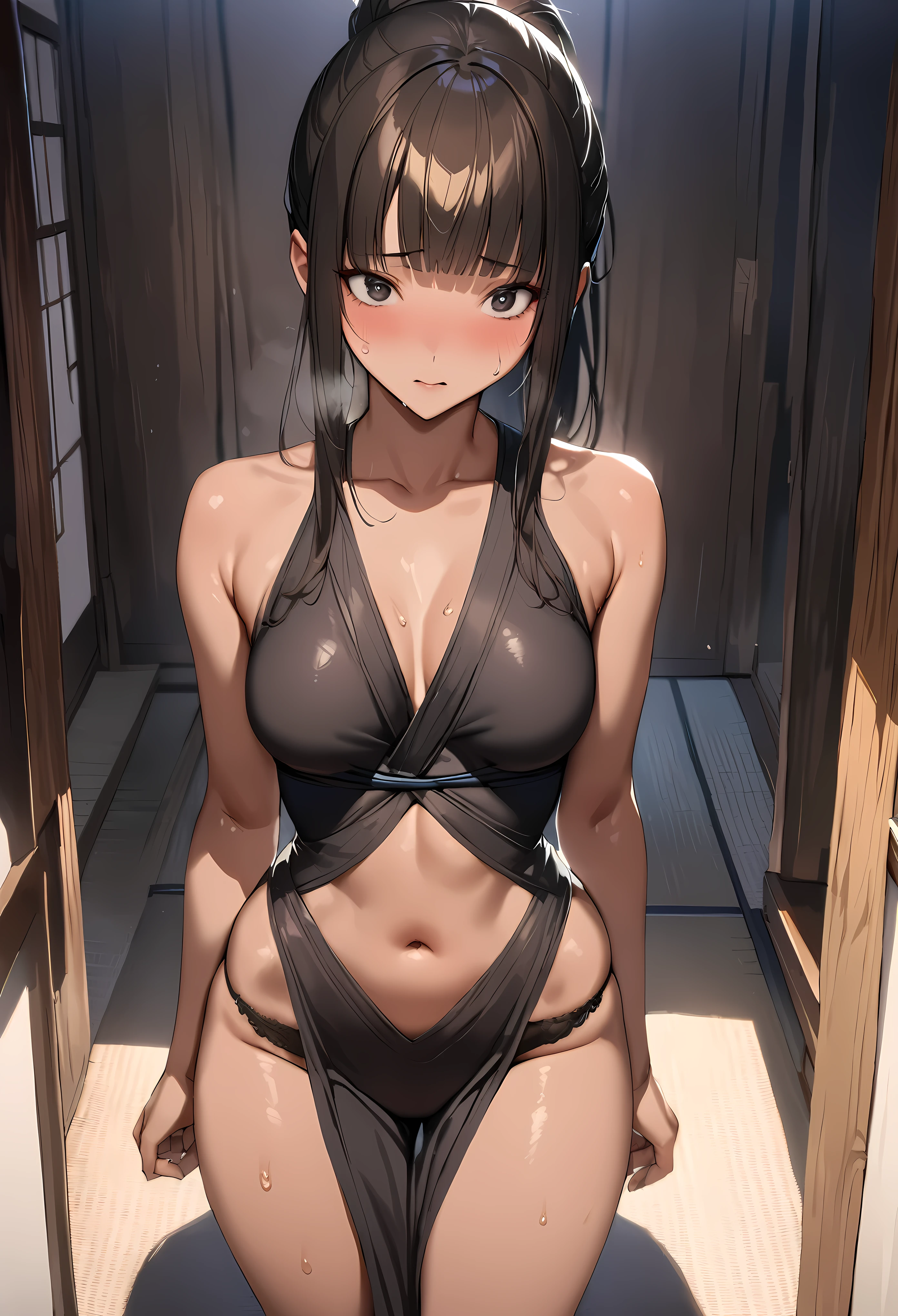 ((masterpiece,best quality anime,Highest quality:1.3)),realistic,cowboy shot,(30 year old beauty),Female Ninja,1woman,solo,((very small head:1.4)),((very long body:1.3)),black hair,bangs,long ponytail hair,gorgeous big eyes,black eyes,shy,(tan skin),Black bandage on chest、Black loincloth,navel、Black colored panties,((slender body:1.3,skinny)),medium breasts,gleaming skin,shiny skin,sweat,standing,Japanese-style house、Japan in the Edo Period、