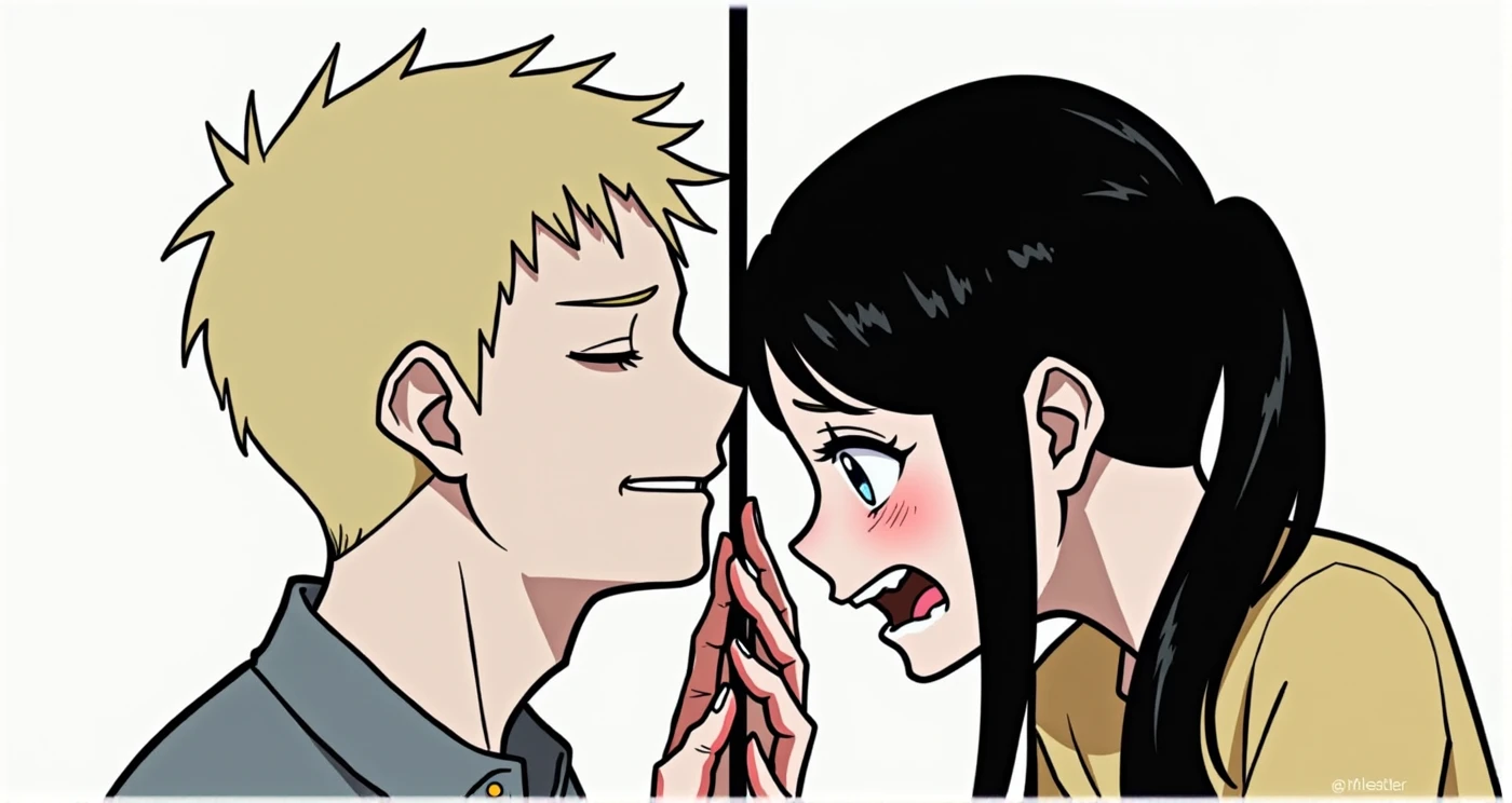 man, tall blonde, Beautiful inflated body, eyes closed, sad smile, covered in blood, girl crying, long black hair pulled back in a ponytail, Blue eyes, anime art, masterpiece, They are separated by an invisible wall, they place their palms against this wall