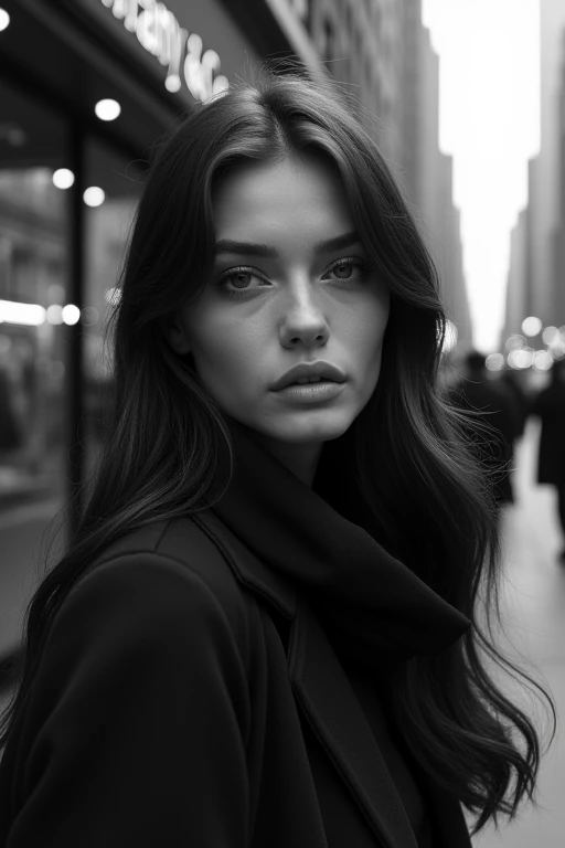 a picture、(Photorealsitic:1.4)、(hyper realisitic:1.4)、(Cinematic:1.5)、Woman in her 20s、(beautiful and delicate face)、(High-quality eyes)、Fashion Photography、newyork、street、Building Street、tiffany、super model、Herblitz、lensflare、Steam Steam、monochrome