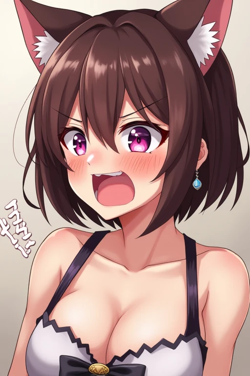 Brown hair, short hair, big breasts, earrings, cat ears, open mouth, violet eyes, saliva, language, Fangs, angry, big breasts, blush,