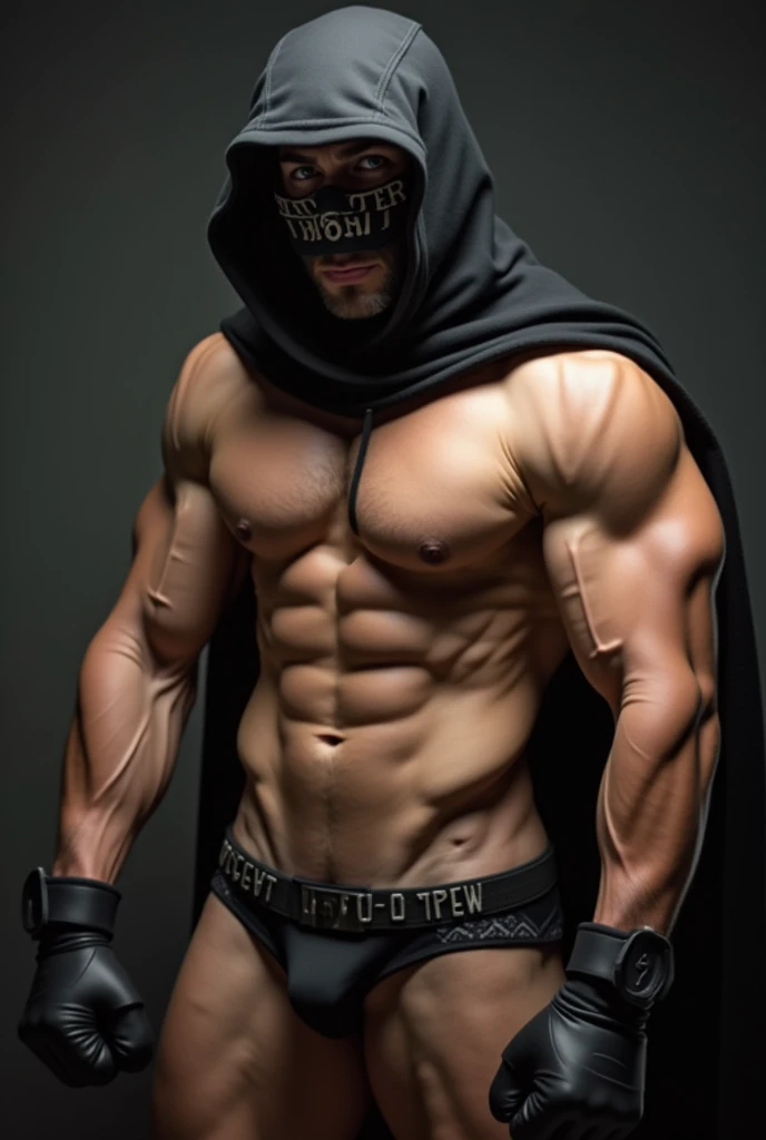 A muscle guy wearing a thief mask showing his enormous cock, wearing nothing full nude