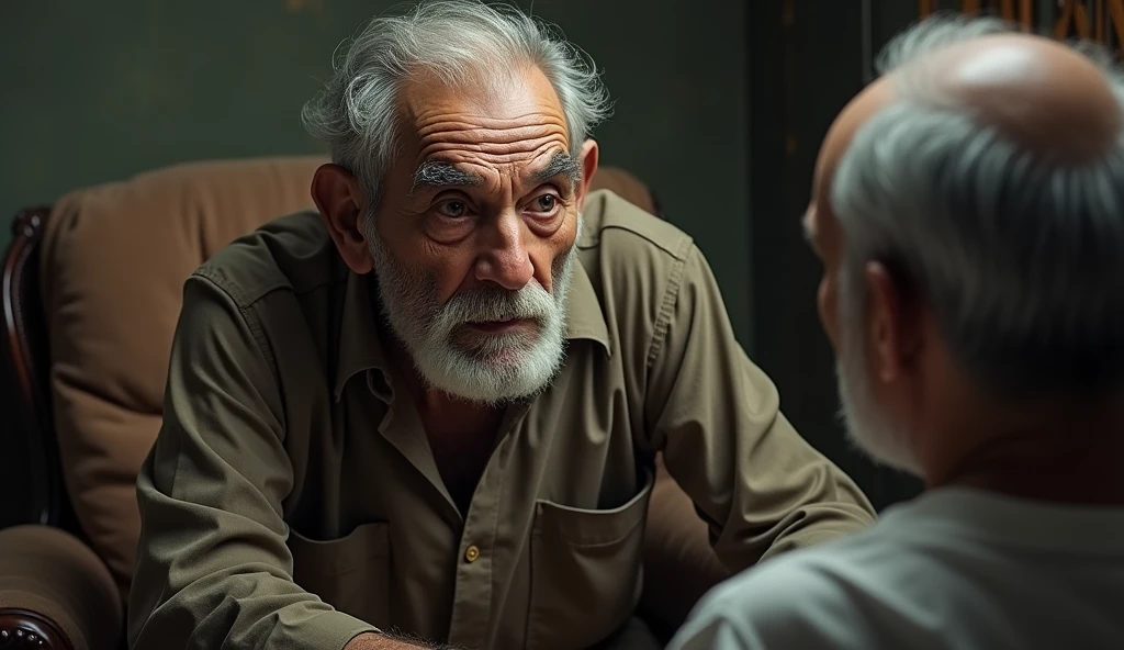 The old man slowly standing up from his chair, his eyes fixed on Vikram.