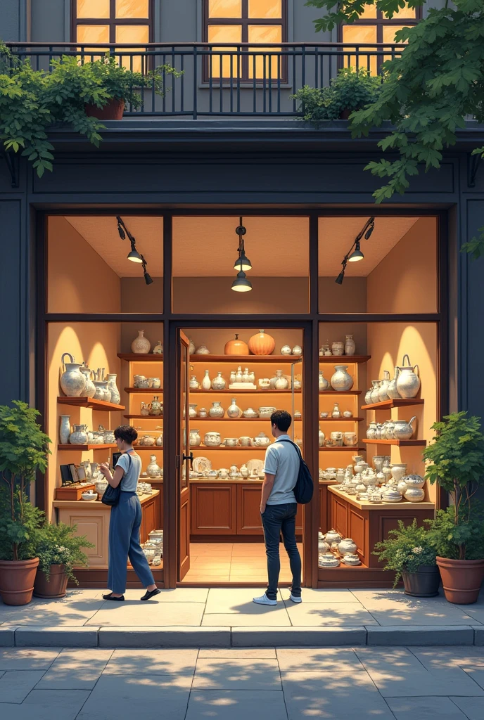 I want a store that sells small ceramics and is well decorated, I want to see more of that store,I want to see from another perspective from the outside that the store is wider on the sides