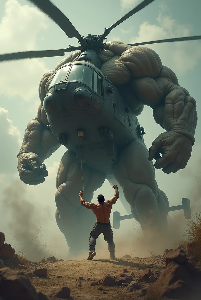 A big hulk hold a big flying helicopter and stop helicopter to fly