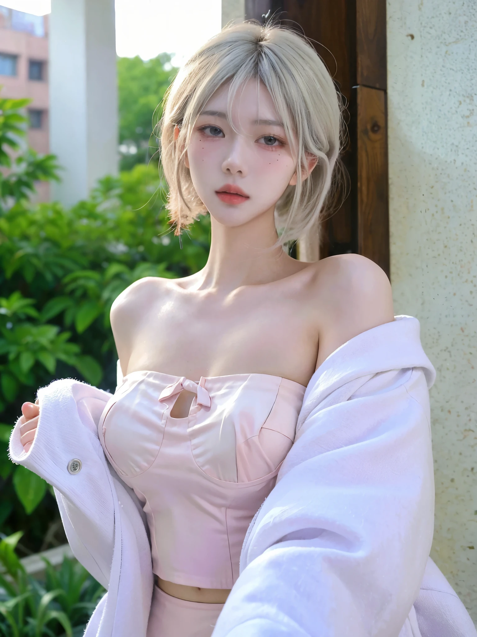 Beautiful woman with perfect figure:1.4,snow,snow background,Layered Hairstyle,White skin,Prominent cleavage,Pleated Skirt,whole body,Very delicate face and skin texture,Double eyelids,Skin Whitening,Long white hair