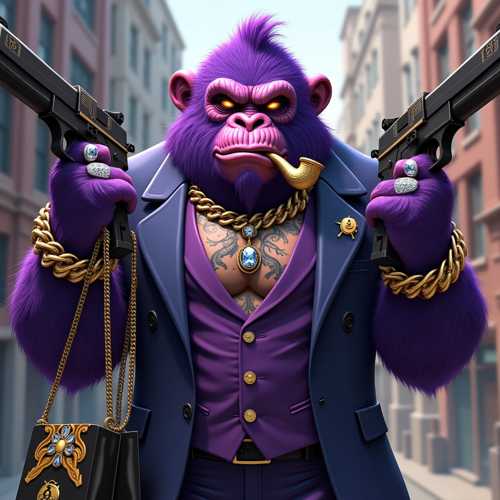 1 purple ape, With giant and high-caliber weapons, with gangster SUIT with chains, tattooed, with huge diamond and gold rings, smoking with a pipe, with a shopping bag. A text that says "Thank you for your purchase"