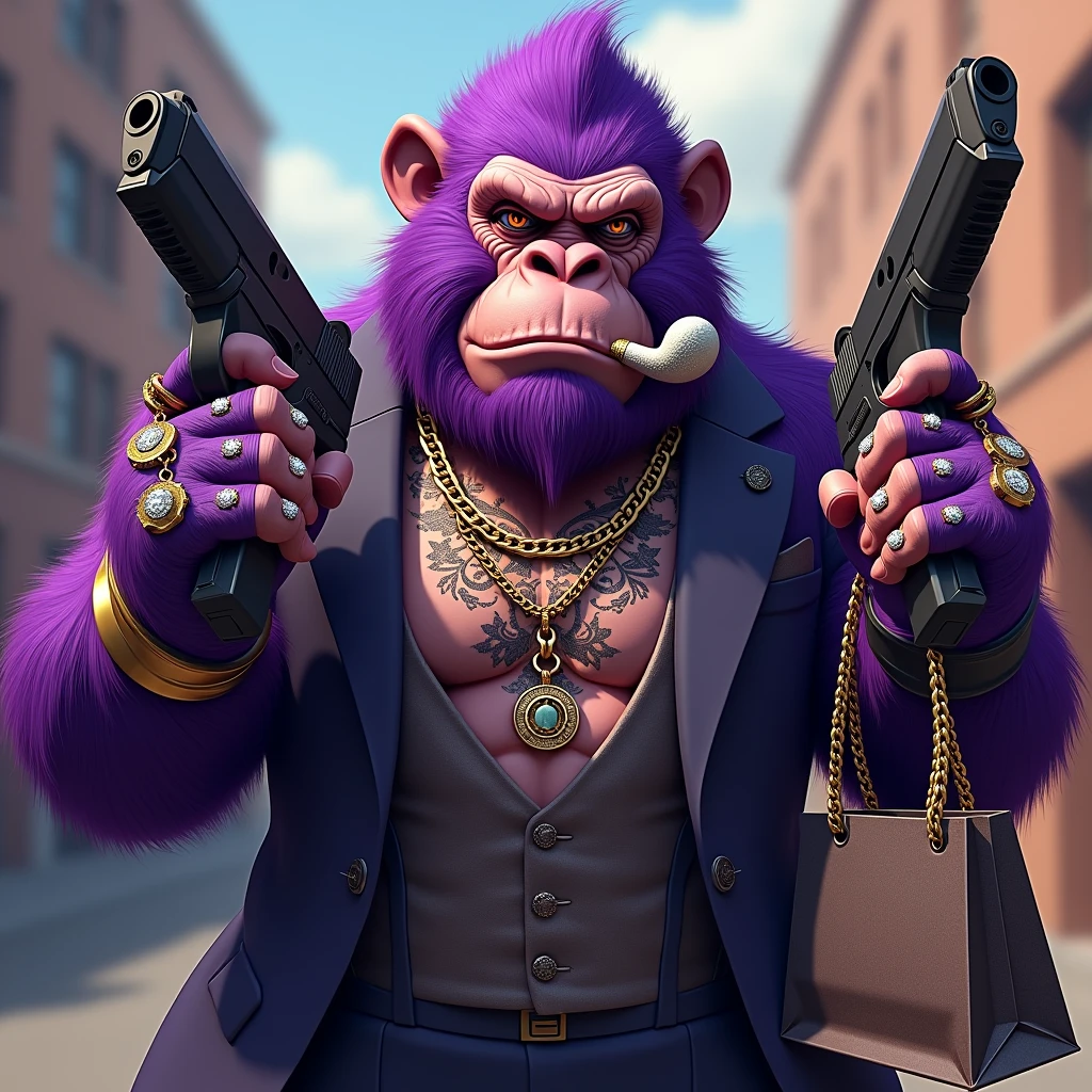 1 purple ape, With giant and high-caliber weapons, with gangster SUIT with chains, tattooed, with huge diamond and gold rings, smoking with a pipe, with a shopping bag. A text that says "Thank you for your purchase"