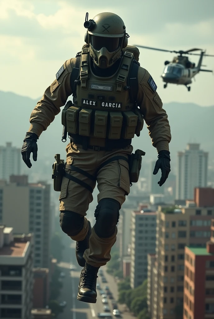 Create a tactical soldier who says Alex Garcia on his uniform.,  descending from a helicopter over the city of Chilpancingo Guerrero 
