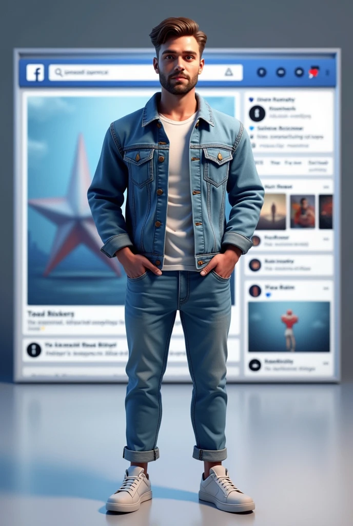 Create a 3D illustration of realistic character a man standing casually infront of a Facebook social media". The character must wear casual modern clothing such as jeans jacket and sneakers shoes. The background of the image is a social media profile page with a Kali editing"RIPU" and a profile picture that match.