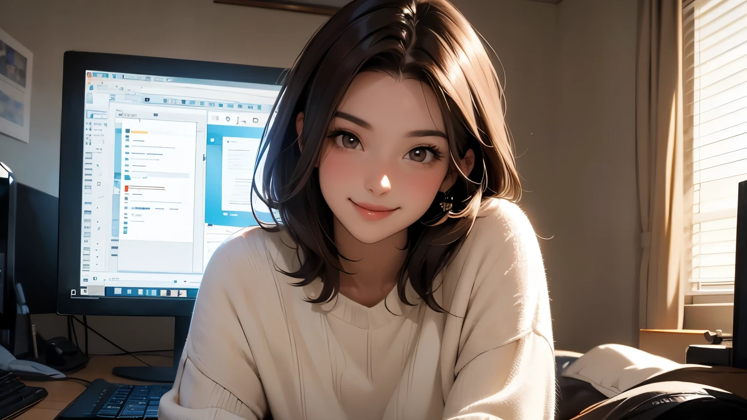 A beautiful woman. Dark brown hair. She is looking at the camera and smiling. She is at home in front of her computer.