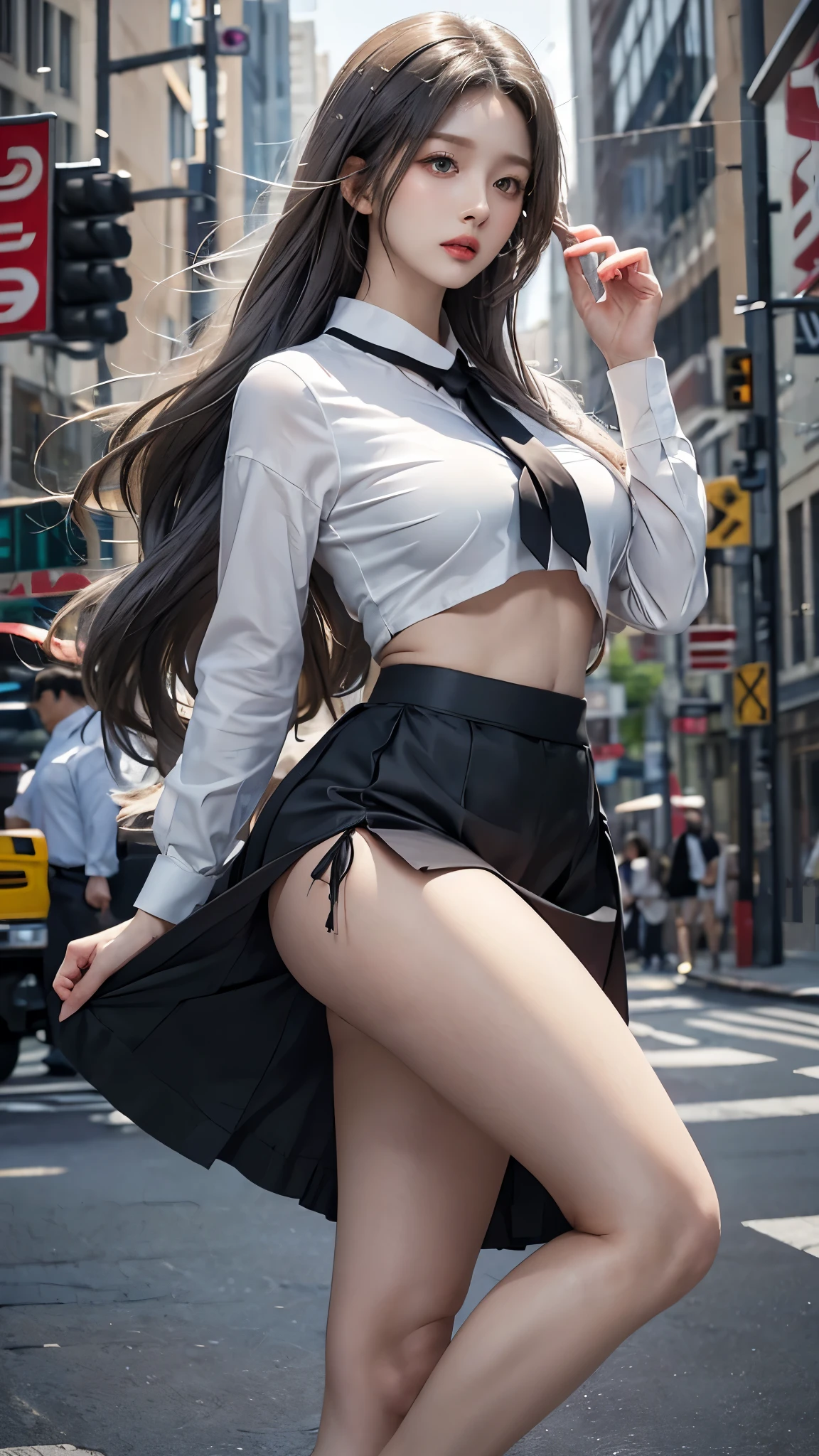 realistic, high resolution, 1 woman, butt up, beautiful eyes, gray hair, long hair, round eyes, collar shirt, belly button visible, black tie, black skirt, city street, Short skirts that show panties, dressed like a student