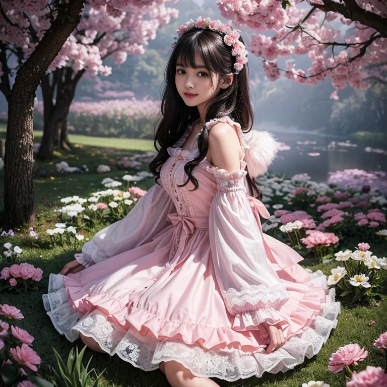 Side view,side angle, Bow tie at the back of the waist, There is a bow on the back,Sideways photo, Skirt length to calf, cupcake dress, Layered skirt with lace on each layer, Put on a lolita dress, layered dress, Pink Lolita dress, lots of lace, Long sleeve, Wide sleeves, Big Skirt, Layered lace skirt, Lace skirt,Puff sleeves, Wide sleeves, Transparent sleeves, intricate details showcase the ruffles and intricate designs of the Lolita dress, Wearing a lolita dress, in a sea of flowers, best quality, Delicate face,beautiful visual work, lifelike, eternity, black hair, Long curly hair, blunt bangs, Smile, Detailed Background, Delicate face,blush,cold,((masterpiece))、(top quality)、8k、high detail、Super detailed,41 years old,woman, masterpiece、born、Scenes resembling fairy tale illustrations、intricate details和複雜的設計、Beautifully、magic、capricious、 Beautifully、Dream aesthetics、「𝓡𝓸𝓶𝓪𝓷𝓽𝓲𝓬、ethereal、charming、fickle、magic」、realism、Visual effects、FXAA、SSAO、Shader、voiceless、ambient lighting、Tone mapping、High resolution、Ultra high quality、Million pixels、(8K resolution:1.10)、8k、8k以下、8K resolution、high detail、intricate details, (high quality:1.2、masterpiece:1.2、:1.21)、(41 years old,woman:1.21)、(興奮地Smile)、(Surrounded by a dreamy atmosphere、Model diagram,full-body shot,Normal 2 feet,Put your hands behind your back,Breast protrusion visible when wearing clothes, Large Breasts, H cup chest, pink dress, Don't show your fingers, full-body shot, full-body shot,full-body shot,full-body shot,full-body shot,full-body shot,full-body shot,full-body shot,Hands hidden in clothes, Hands hidden in clothes,Hands hidden in clothes,Hands hidden in clothes,Hands hidden in clothes,Hands hidden in clothes,Hands hidden in clothes,Hands hidden in clothes,Hands hidden in clothes, ,Hide your hands in your sleeves ,Hide your hands in your sleeves ,Hide your hands in your sleeves ,Hide your hands in your sleeves ,Hide your hands in your sleeves ,Hide your hands in your sleeves ,Hide your hands in your sleeves ,Hide your hands in your sleeves, Put your arms behind your back, Put your arms behind your back, side view