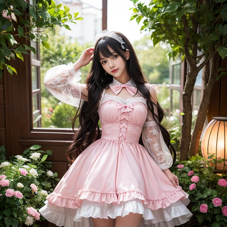 Side view,side angle, Bow tie at the back of the waist, There is a bow on the back，Sideways photo, Skirt length to calf, cupcake dress, Layered skirt with lace on each layer, Put on a lolita dress, layered dress, Pink Lolita dress, lots of lace, Long sleeve, Wide sleeves, Big Skirt, Layered lace skirt, Lace skirt，Puff sleeves, Wide sleeves, Transparent sleeves, intricate details showcase the ruffles and intricate designs of the Lolita dress, Wearing a lolita dress, in a sea of flowers, best quality, Delicate face，beautiful visual work, lifelike, eternity, black hair, Long curly hair, blunt bangs, Smile, Detailed Background, Delicate face，blush，cold，((masterpiece))、(top quality)、8k、high detail、Super detailed，41 years old，woman， masterpiece、born、Scenes resembling fairy tale illustrations、intricate details和複雜的設計、Beautifully、magic、capricious、 Beautifully、Dream aesthetics、「𝓡𝓸𝓶𝓪𝓷𝓽𝓲𝓬、ethereal、charming、fickle、magic」、realism、Visual effects、FXAA、SSAO、Shader、voiceless、ambient lighting、Tone mapping、High resolution、Ultra high quality、Million pixels、(8K resolution:1.10)、8k、8k以下、8K resolution、high detail、intricate details， (high quality:1.2、masterpiece:1.2、:1.21)、(41 years old，woman:1.21)、(興奮地Smile)、(Surrounded by a dreamy atmosphere、Model diagram，full-body shot，Normal 2 feet，Put your hands behind your back，Breast protrusion visible when wearing clothes, Large Breasts, H cup chest, pink dress, Don't show your fingers, full-body shot， full-body shot，full-body shot，full-body shot，full-body shot，full-body shot，full-body shot，full-body shot，Hands hidden in clothes, Hands hidden in clothes,Hands hidden in clothes,Hands hidden in clothes,Hands hidden in clothes,Hands hidden in clothes,Hands hidden in clothes,Hands hidden in clothes,Hands hidden in clothes, ,Hide your hands in your sleeves ,Hide your hands in your sleeves ,Hide your hands in your sleeves ,Hide your hands in your sleeves ,Hide your hands in your sleeves ,Hide your hands in your sleeves ,Hide your hands in your sleeves ,Hide your hands in your sleeves, Put your arms behind your back, Put your arms behind your back, side view