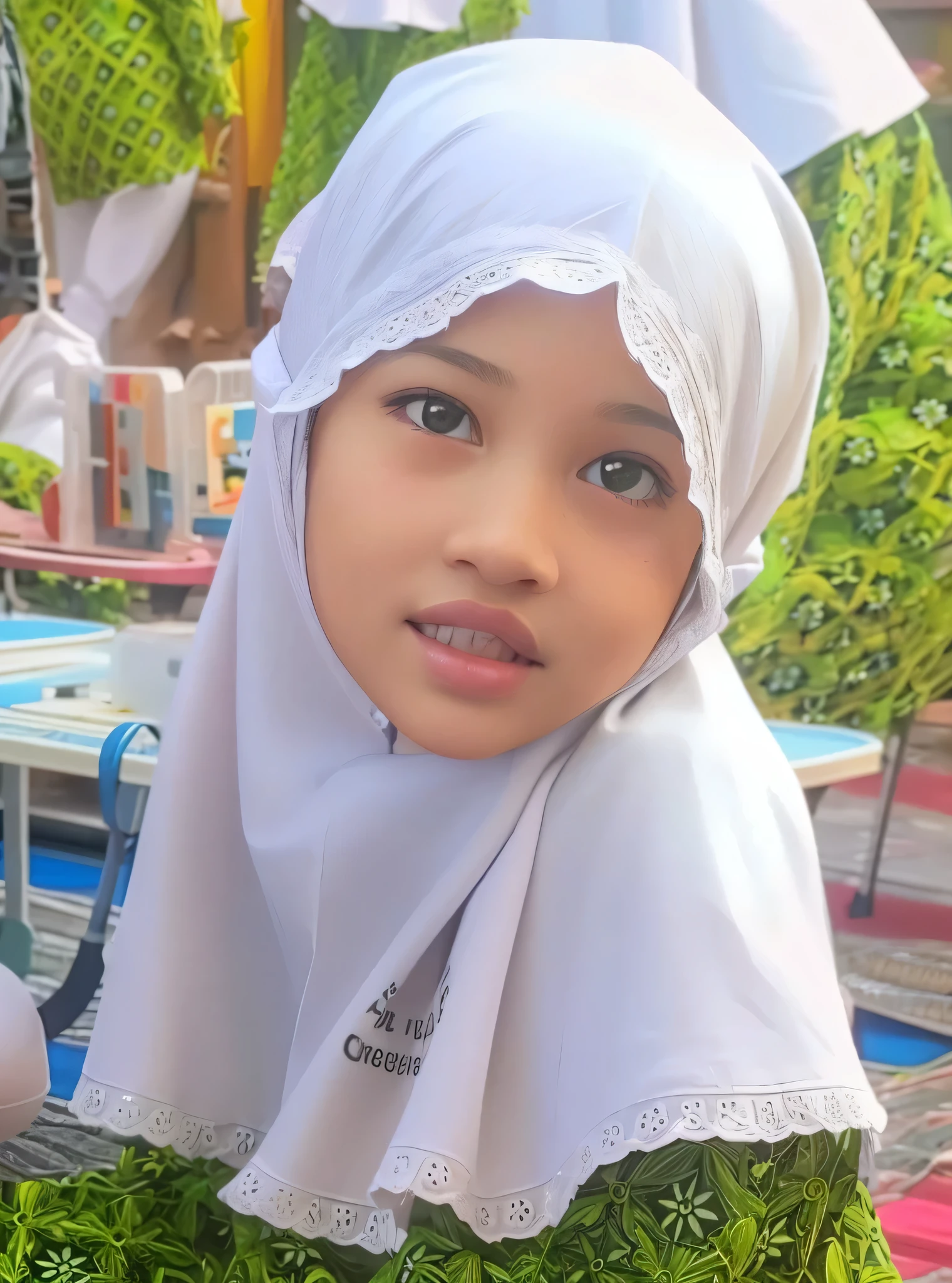 there is a young girl Five  wearing a white head scarf, a picture, close up potrait, innocent face, potrait, perfect expression, innocent look, inspired by Nazmi Ziya Güran, profile picture 1024px, reyyan, old picture, innocent smile, white hijab, inspired by Naza, full protrait, sweet and innocent, 3D render, 3D Cartoon, big head, cartoonish look, high resolution, super detail, soft lighting