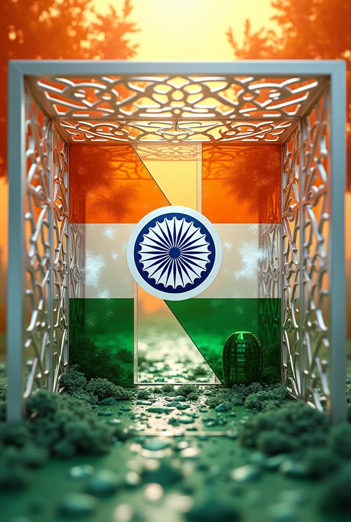 Write a logo with name "R. Hussain Alluminium" filled with Indian flag and back ground will be all alluminium frame work designs glass building etc art items all small items inspiring Indian independence day